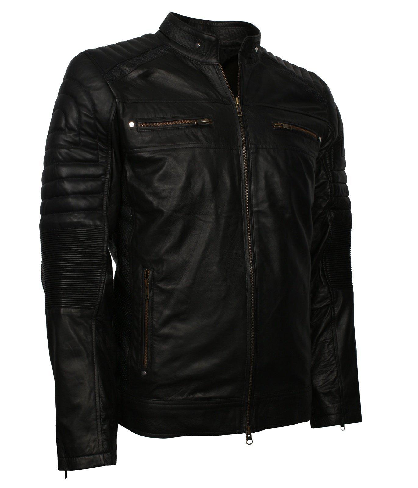 Men's Black Cafe Racer Genuine Leather Biker Jacket