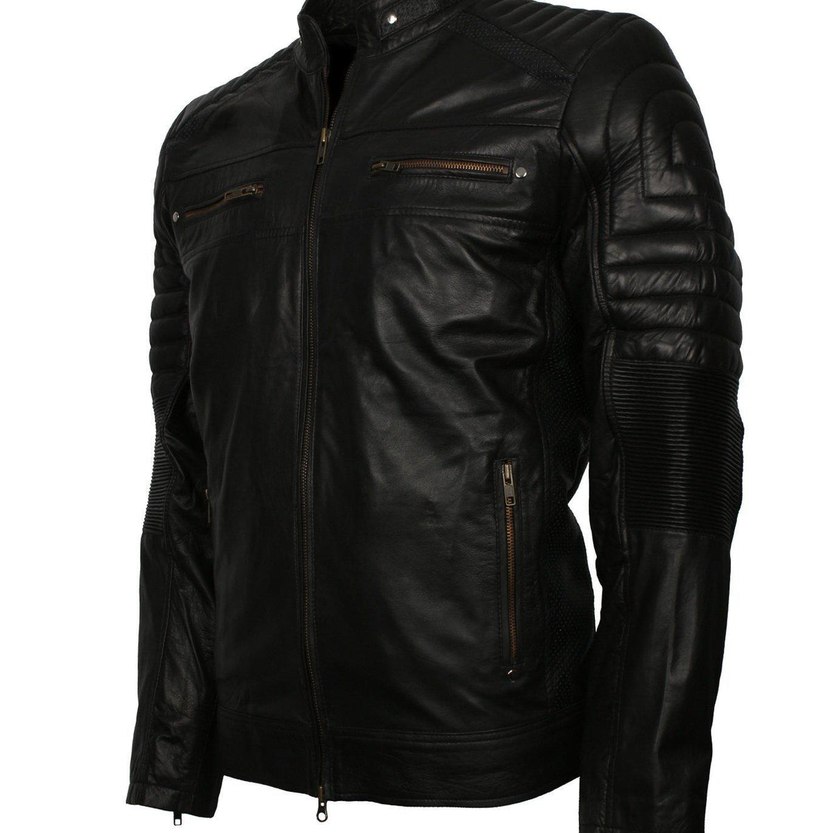 Men's Black Cafe Racer Genuine Leather Biker Jacket