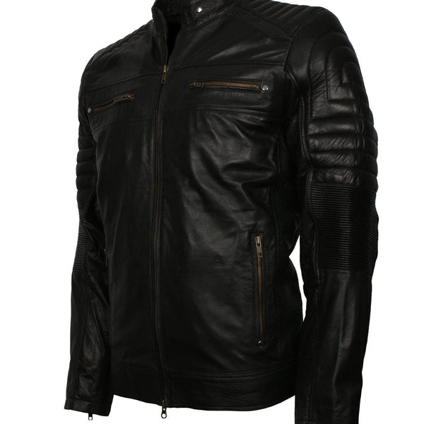 Men's Black Cafe Racer Genuine Leather Biker Jacket
