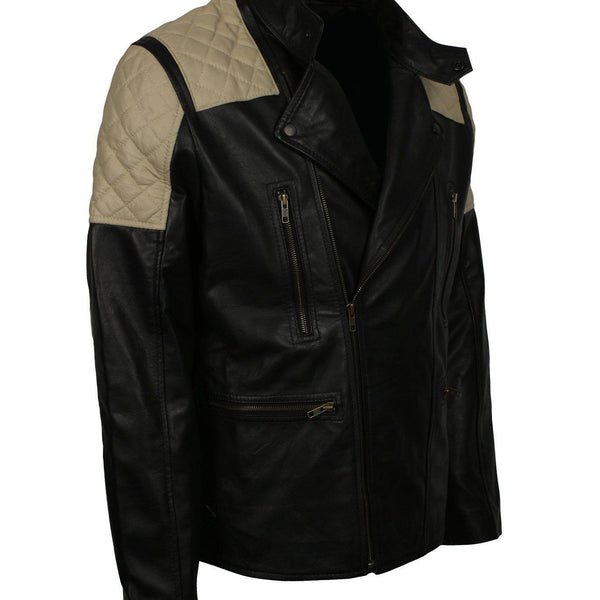 Men's Vintage Quilted Patches Leather Biker Jacket