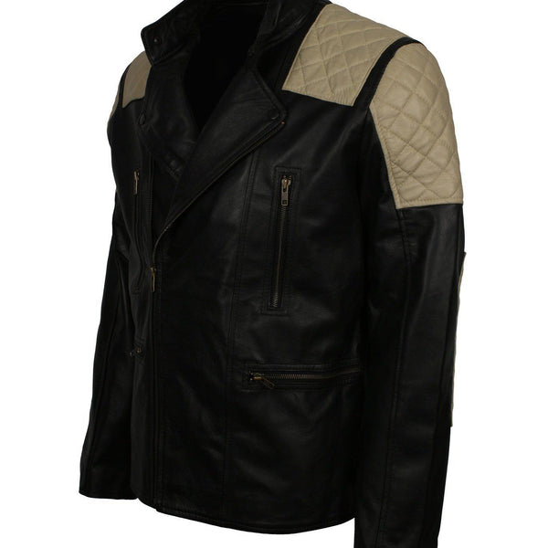 Men's Vintage Quilted Patches Leather Biker Jacket
