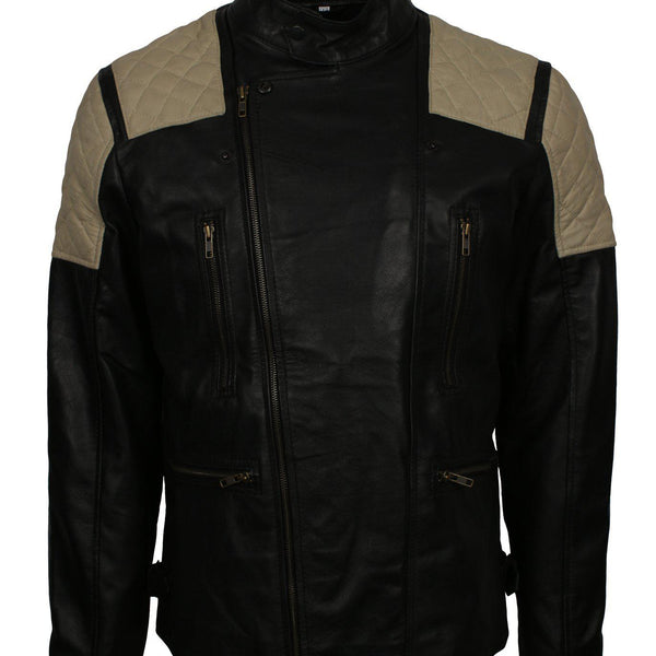 Men's Vintage Quilted Patches Leather Biker Jacket
