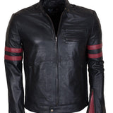 Men's Black Red Stripes Genuine Leather Biker Jacket