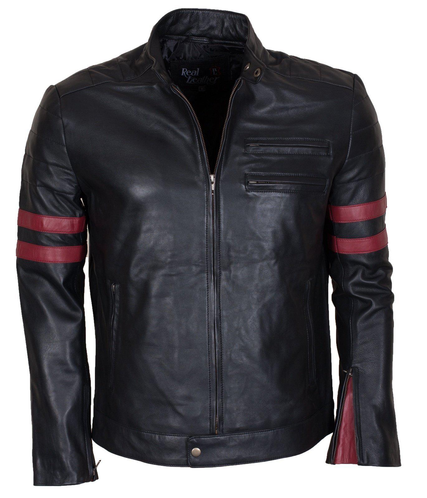Men's Black Red Stripes Genuine Leather Biker Jacket