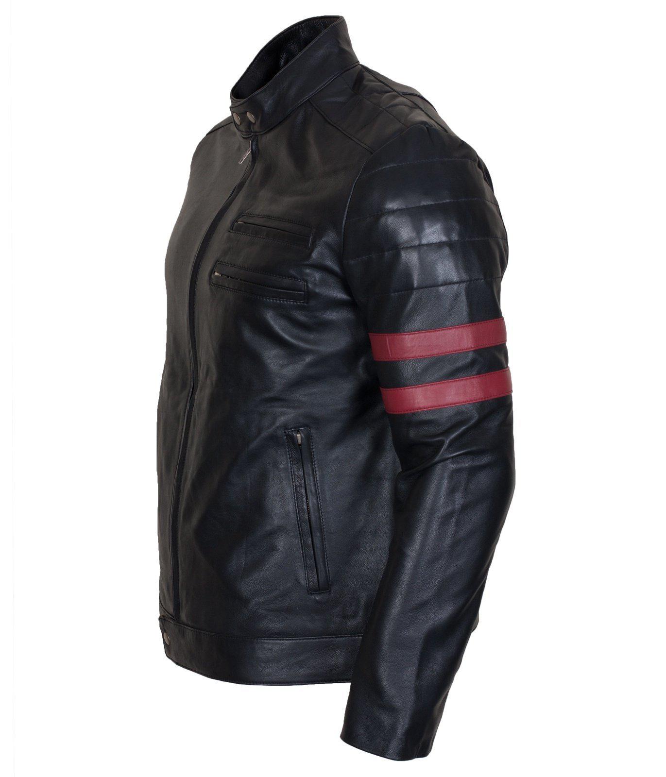 Men's Black Red Stripes Genuine Leather Biker Jacket