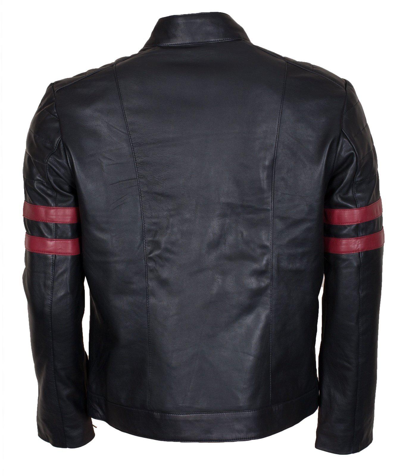 Men's Black Red Stripes Genuine Leather Biker Jacket