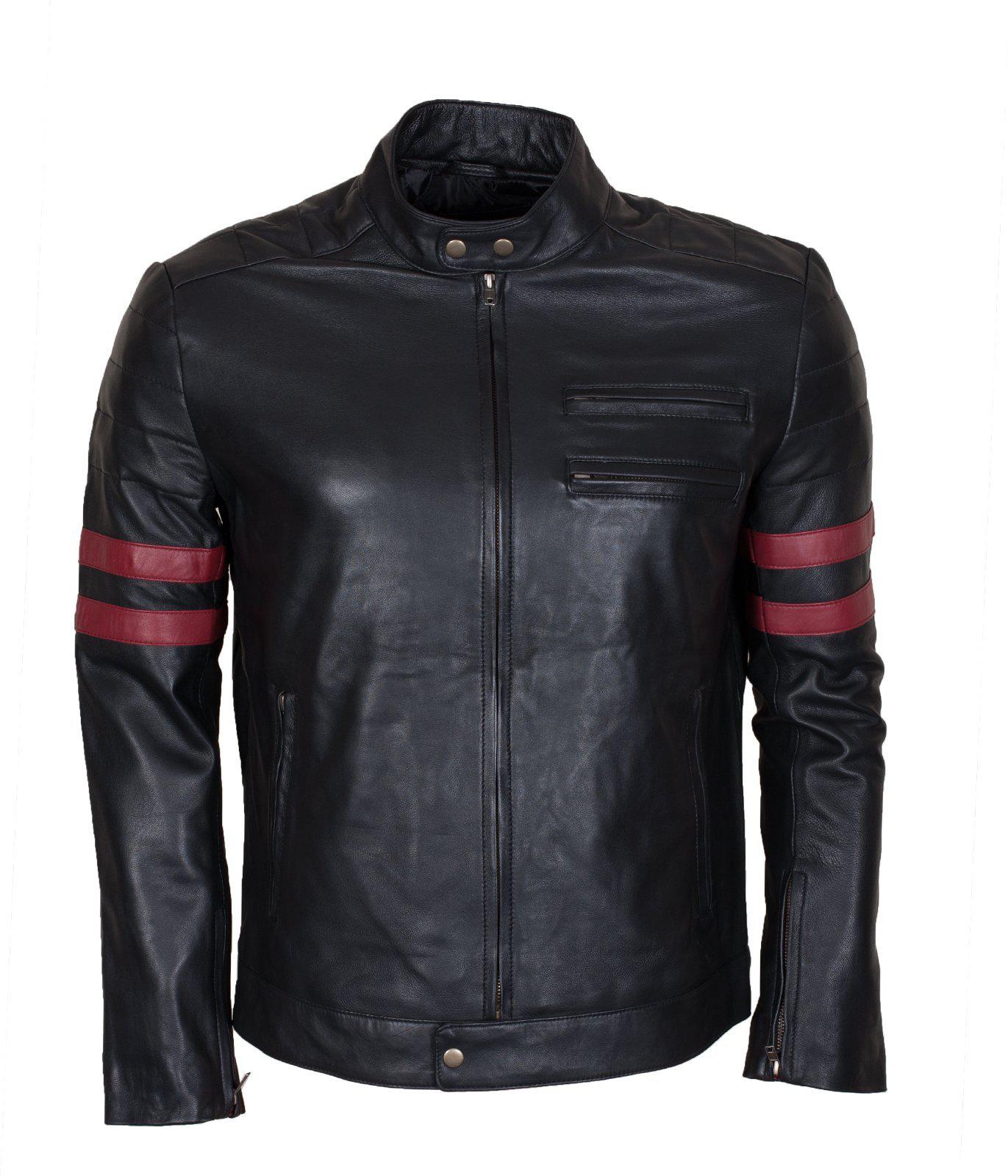 Men's Black Red Stripes Genuine Leather Biker Jacket