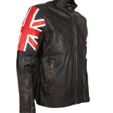 Men's Brown Union Jack British Flag Distressed Leather Jacket