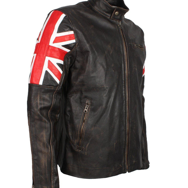 Men's Brown Union Jack British Flag Distressed Leather Jacket