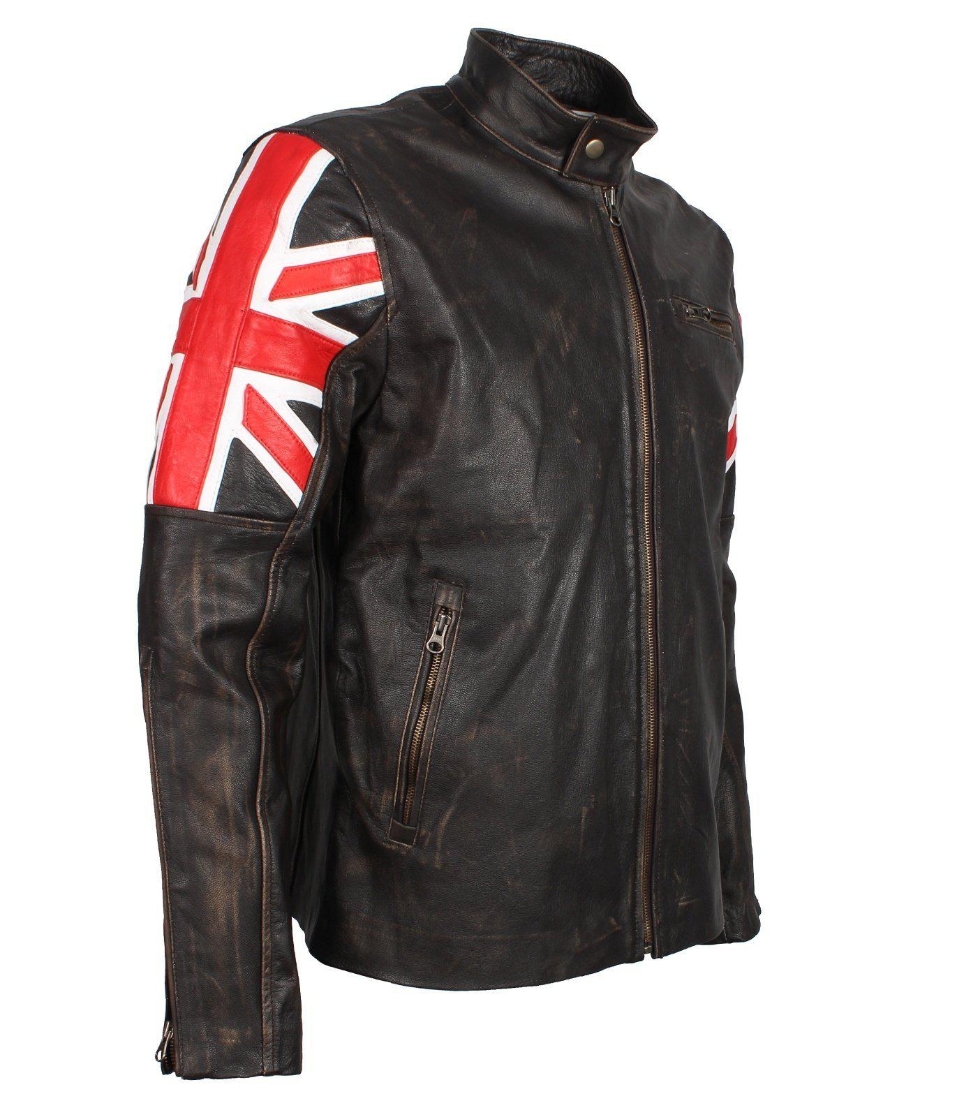 Men's Brown Union Jack British Flag Distressed Leather Jacket