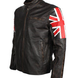 Men's Brown Union Jack British Flag Distressed Leather Jacket