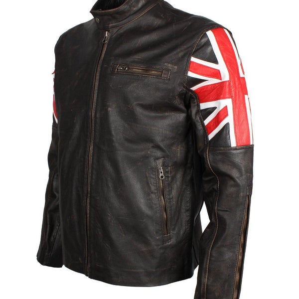 Men's Brown Union Jack British Flag Distressed Leather Jacket