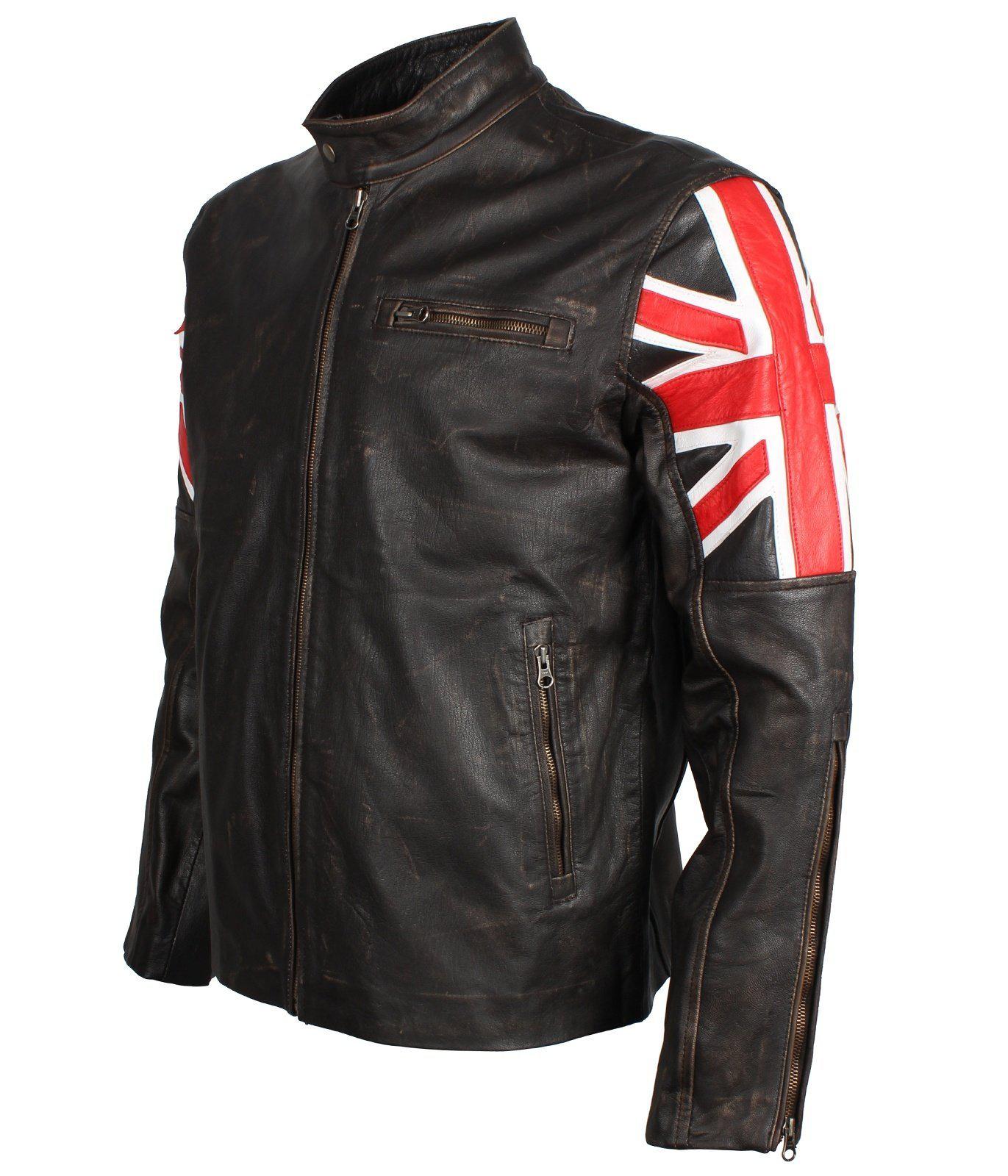 Men's Brown Union Jack British Flag Distressed Leather Jacket