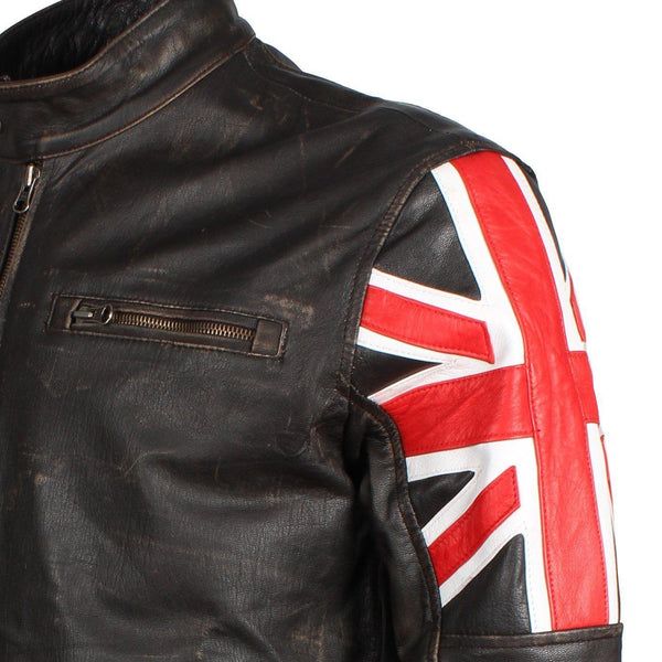 Men's Brown Union Jack British Flag Distressed Leather Jacket
