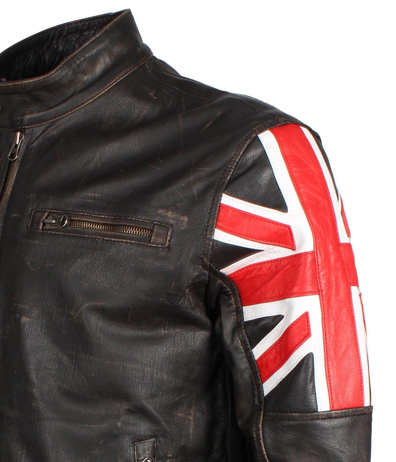 Men's Brown Union Jack British Flag Distressed Leather Jacket