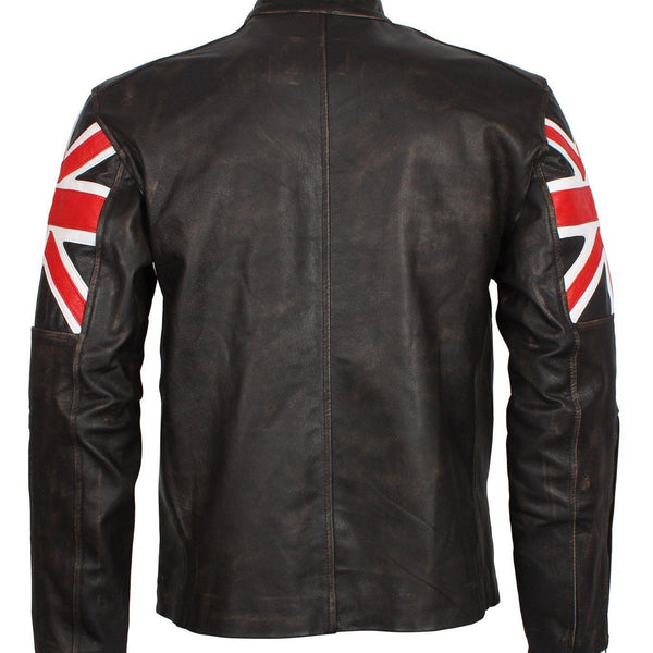 Men's Brown Union Jack British Flag Distressed Leather Jacket
