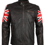 Men's Brown Union Jack British Flag Distressed Leather Jacket