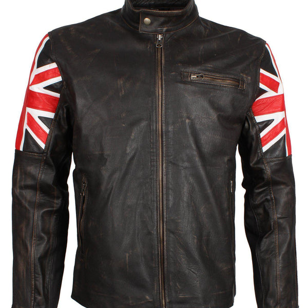 Men's Brown Union Jack British Flag Distressed Leather Jacket