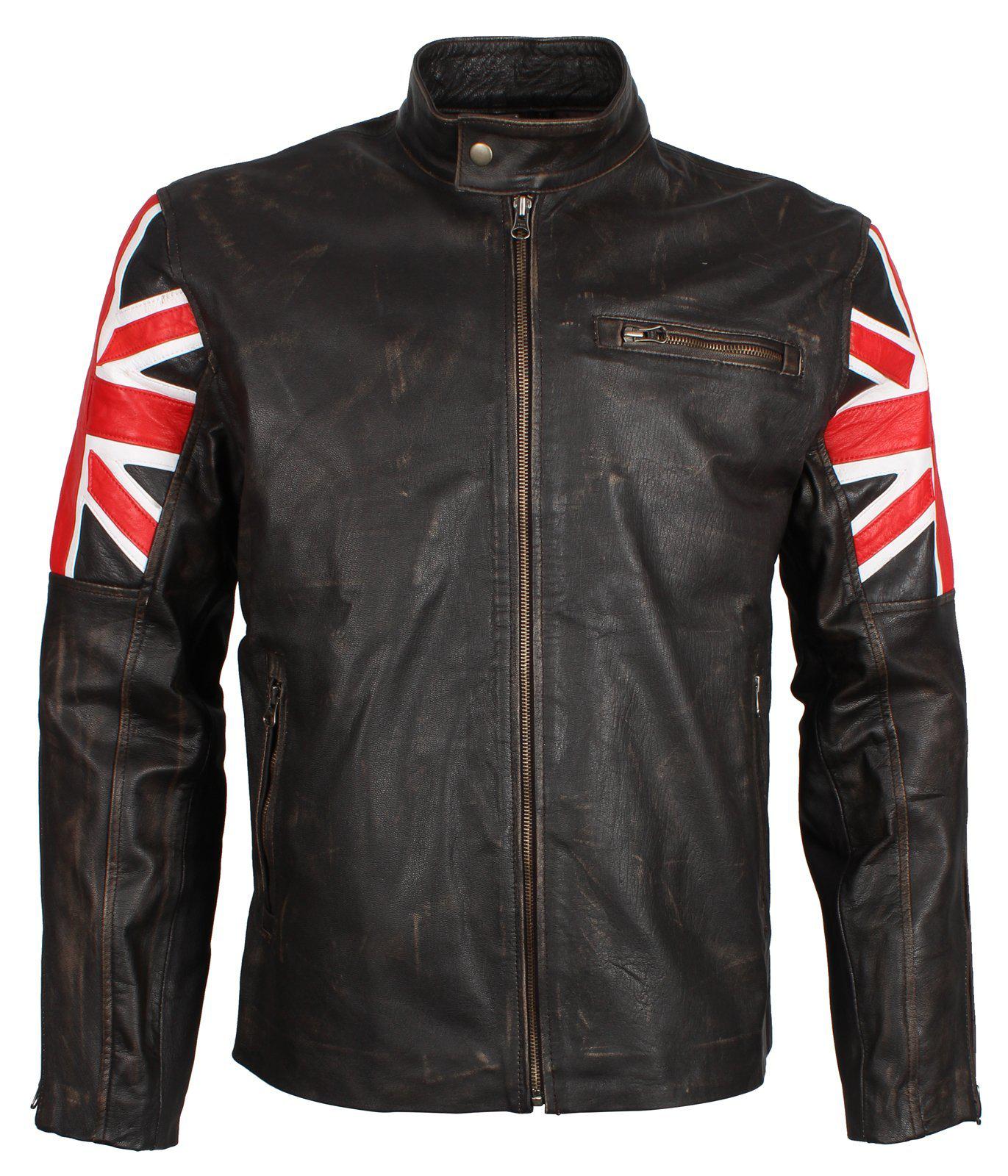 Men's Brown Union Jack British Flag Distressed Leather Jacket
