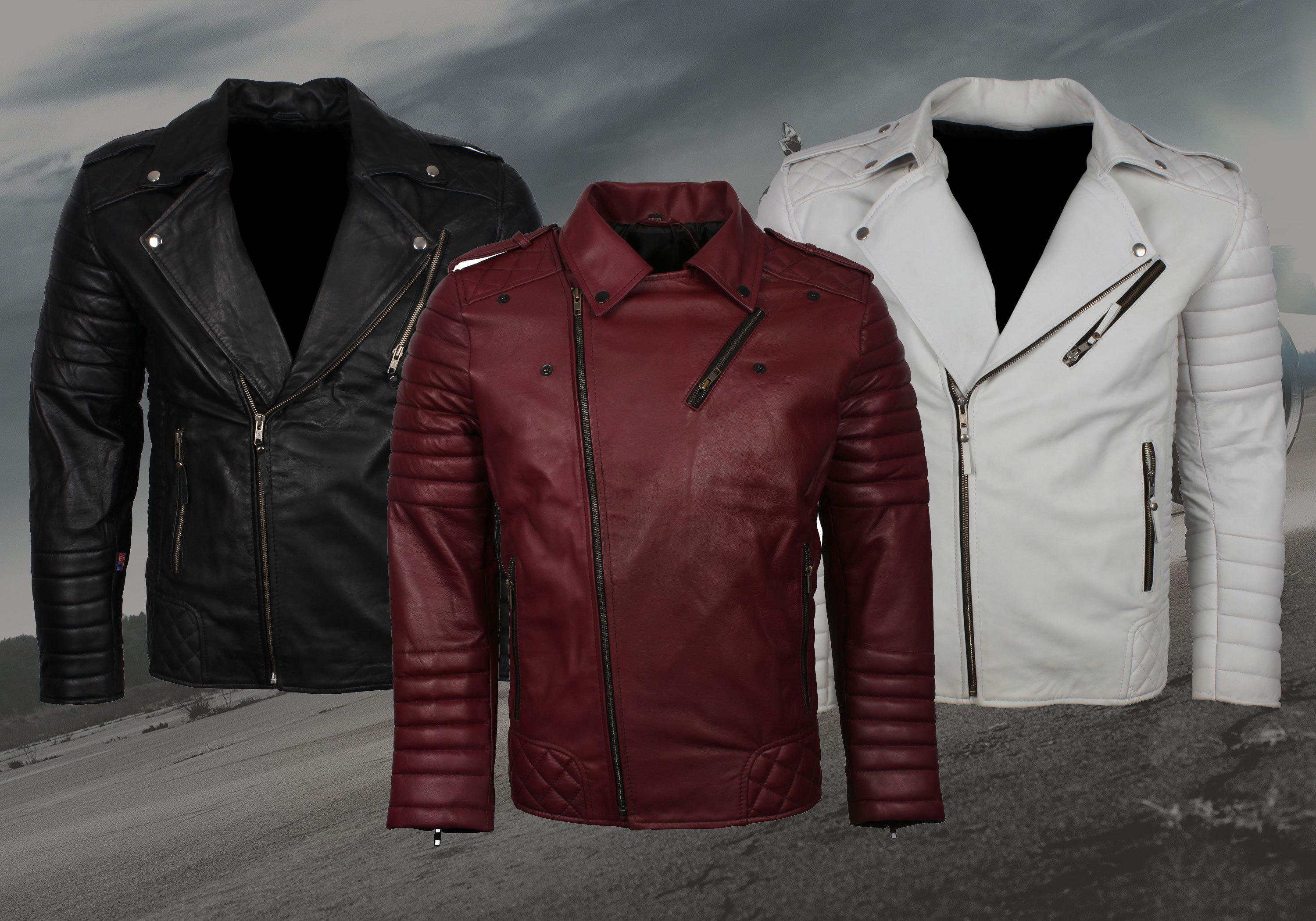 Men's Biker Leather Jacket in Black White Maroon