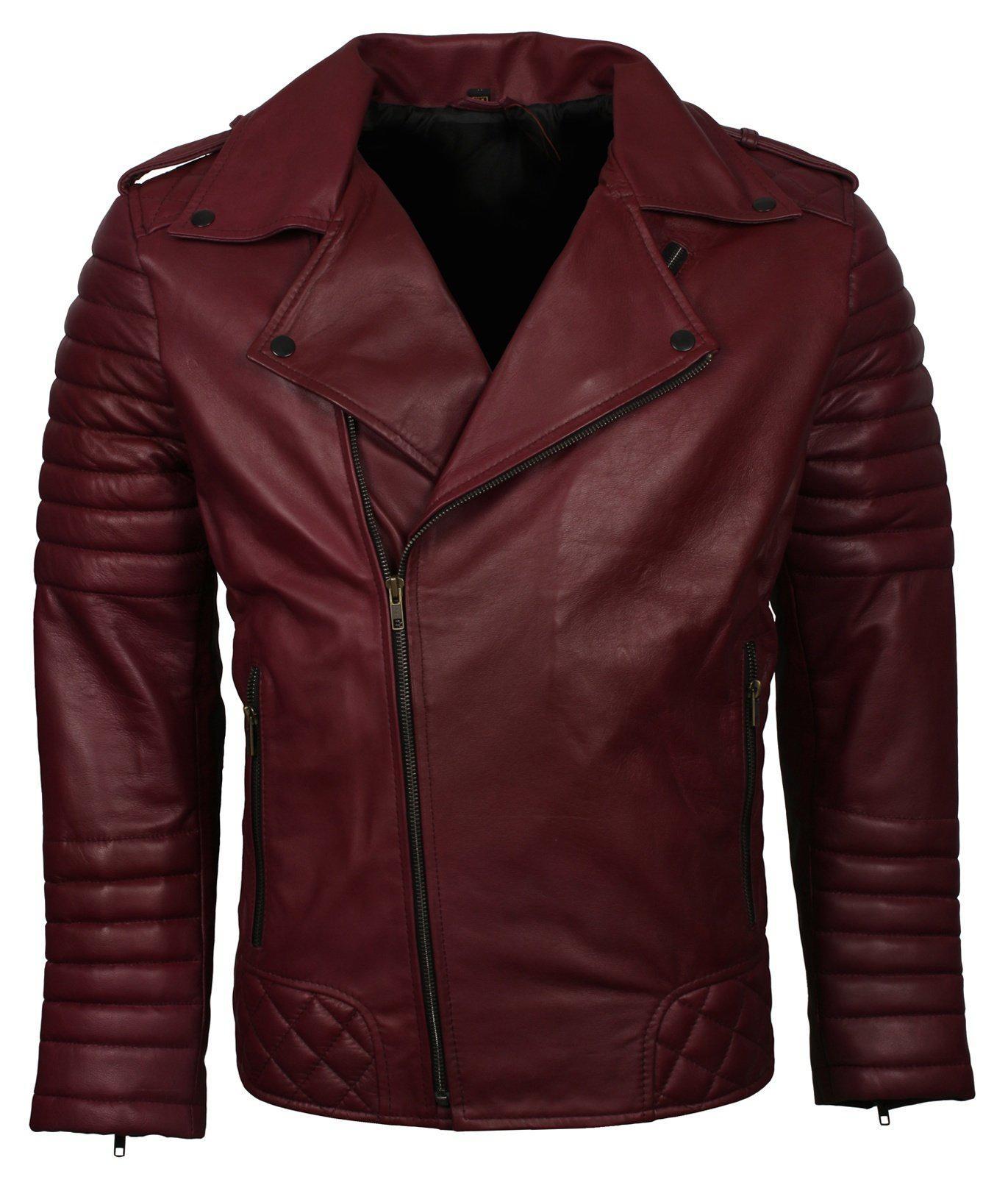Men's Biker Leather Jacket in Black White Maroon