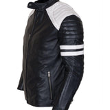 Men's Biker Fashion Black White Padded Genuine Leather Jacket