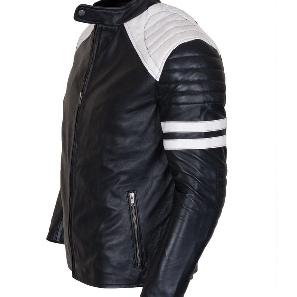 Men's Biker Fashion Black White Padded Genuine Leather Jacket