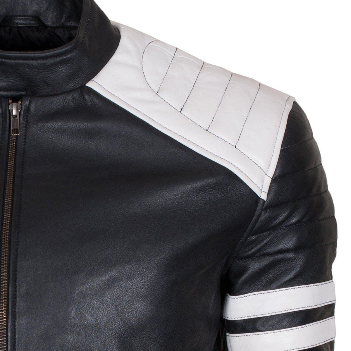 Men's Biker Fashion Black White Padded Genuine Leather Jacket