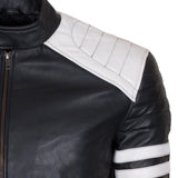 Men's Biker Fashion Black White Padded Genuine Leather Jacket