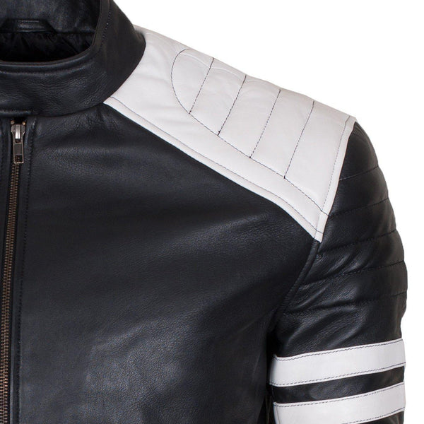 Men's Biker Fashion Black White Padded Genuine Leather Jacket