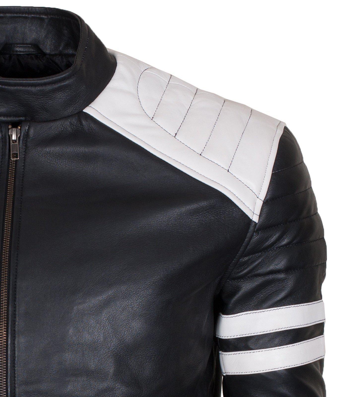 Men's Biker Fashion Black White Padded Genuine Leather Jacket
