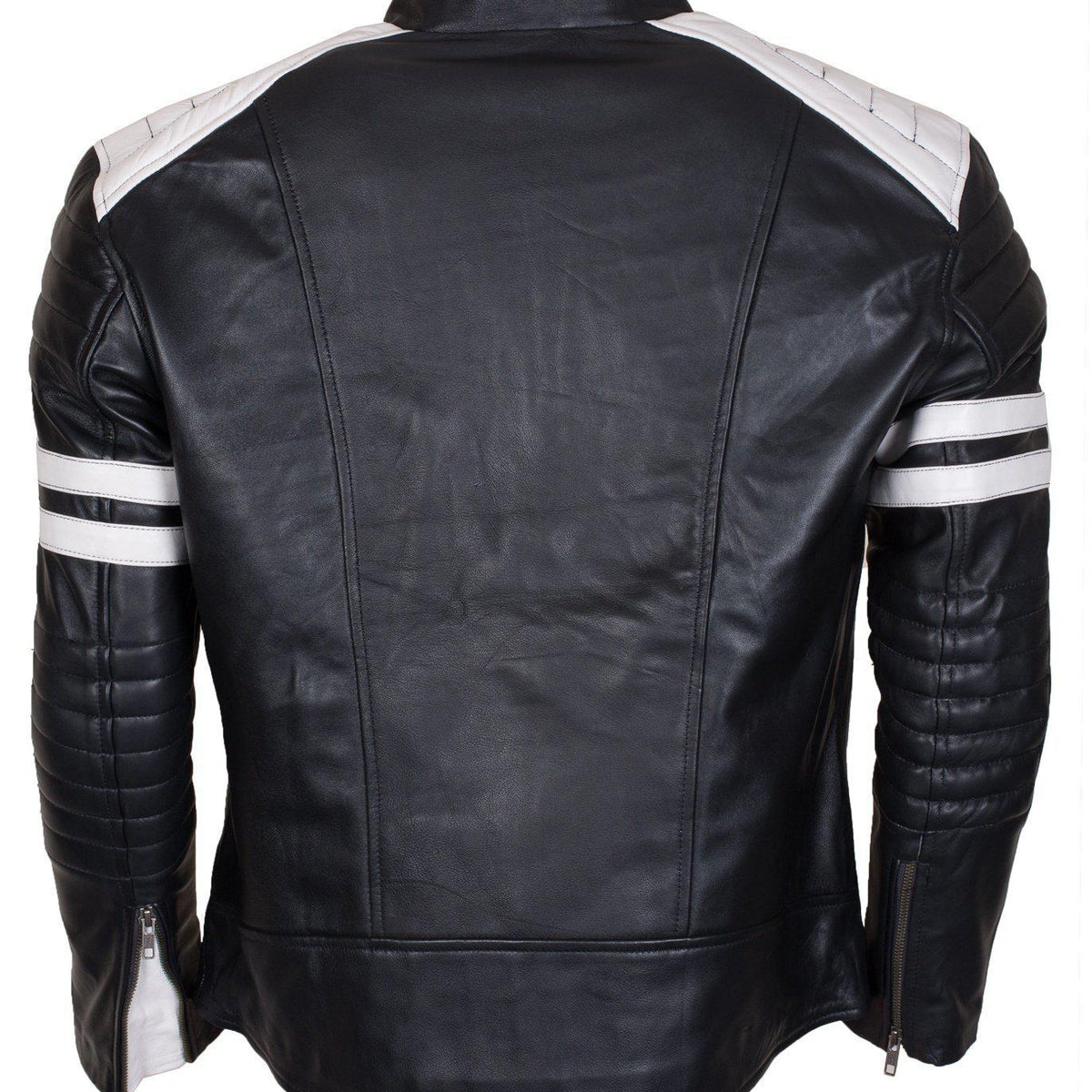 Men's Biker Fashion Black White Padded Genuine Leather Jacket