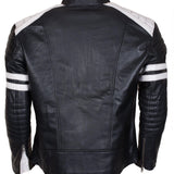 Men's Biker Fashion Black White Padded Genuine Leather Jacket