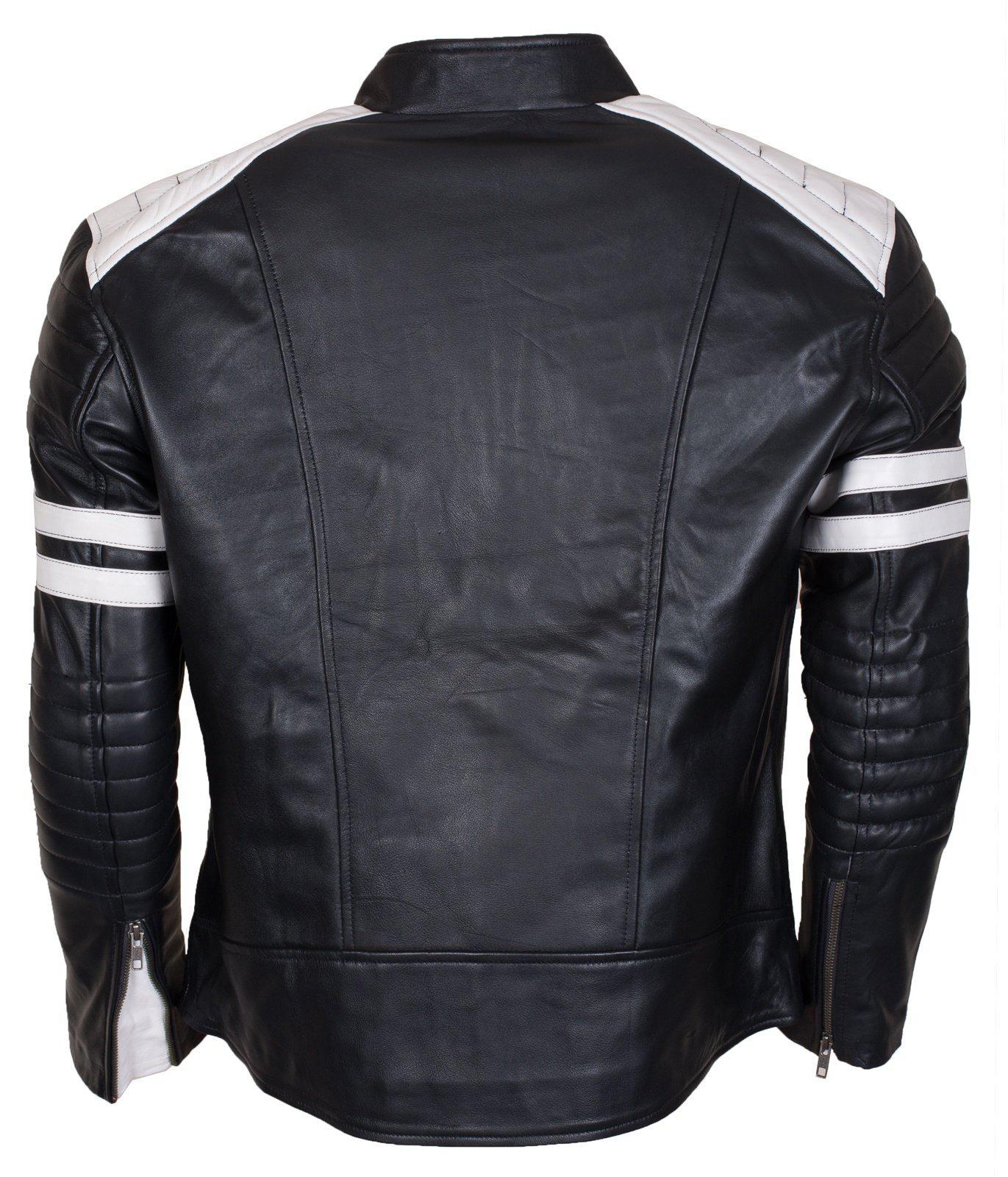 Men's Biker Fashion Black White Padded Genuine Leather Jacket