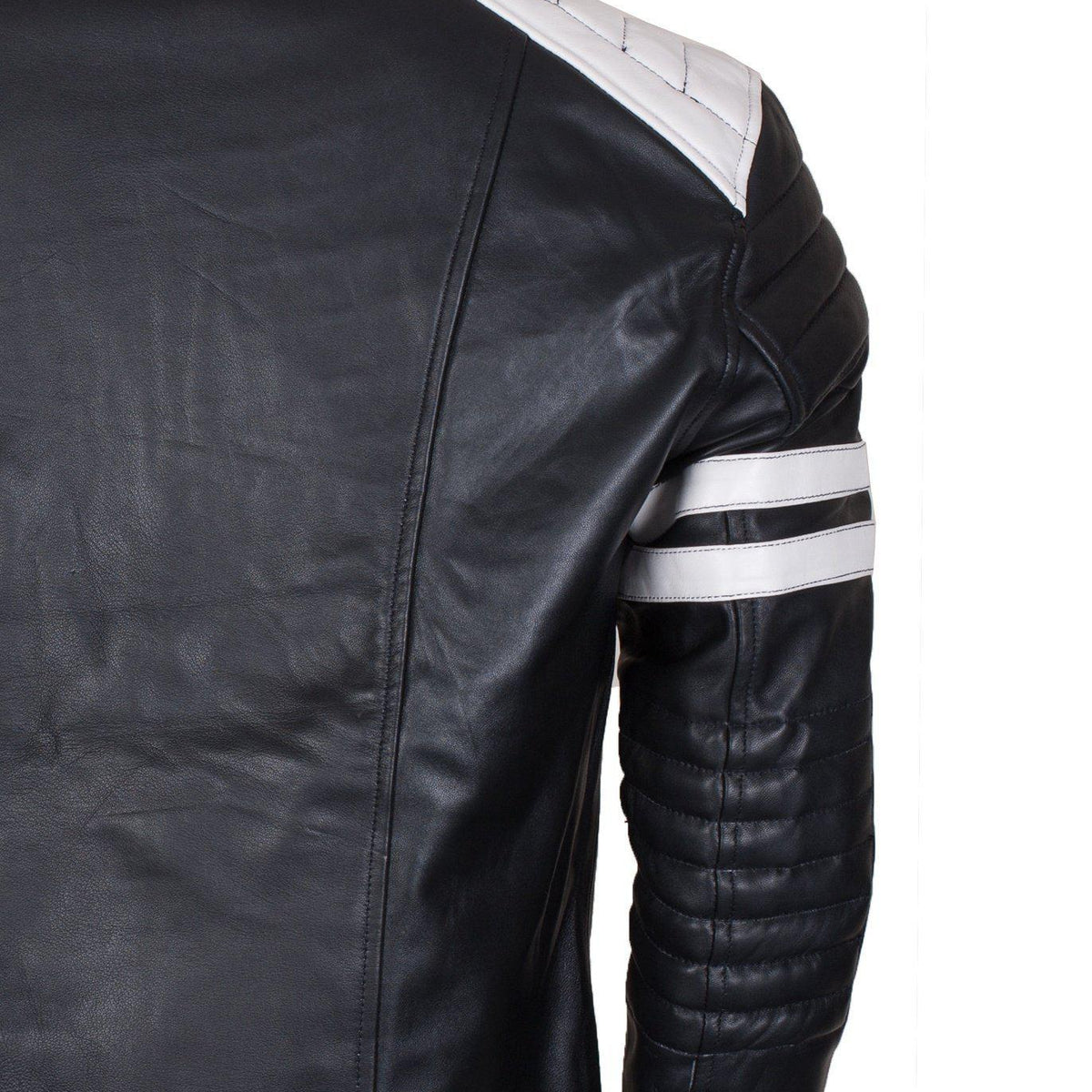 Men's Biker Fashion Black White Padded Genuine Leather Jacket