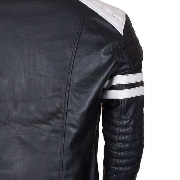Men's Biker Fashion Black White Padded Genuine Leather Jacket