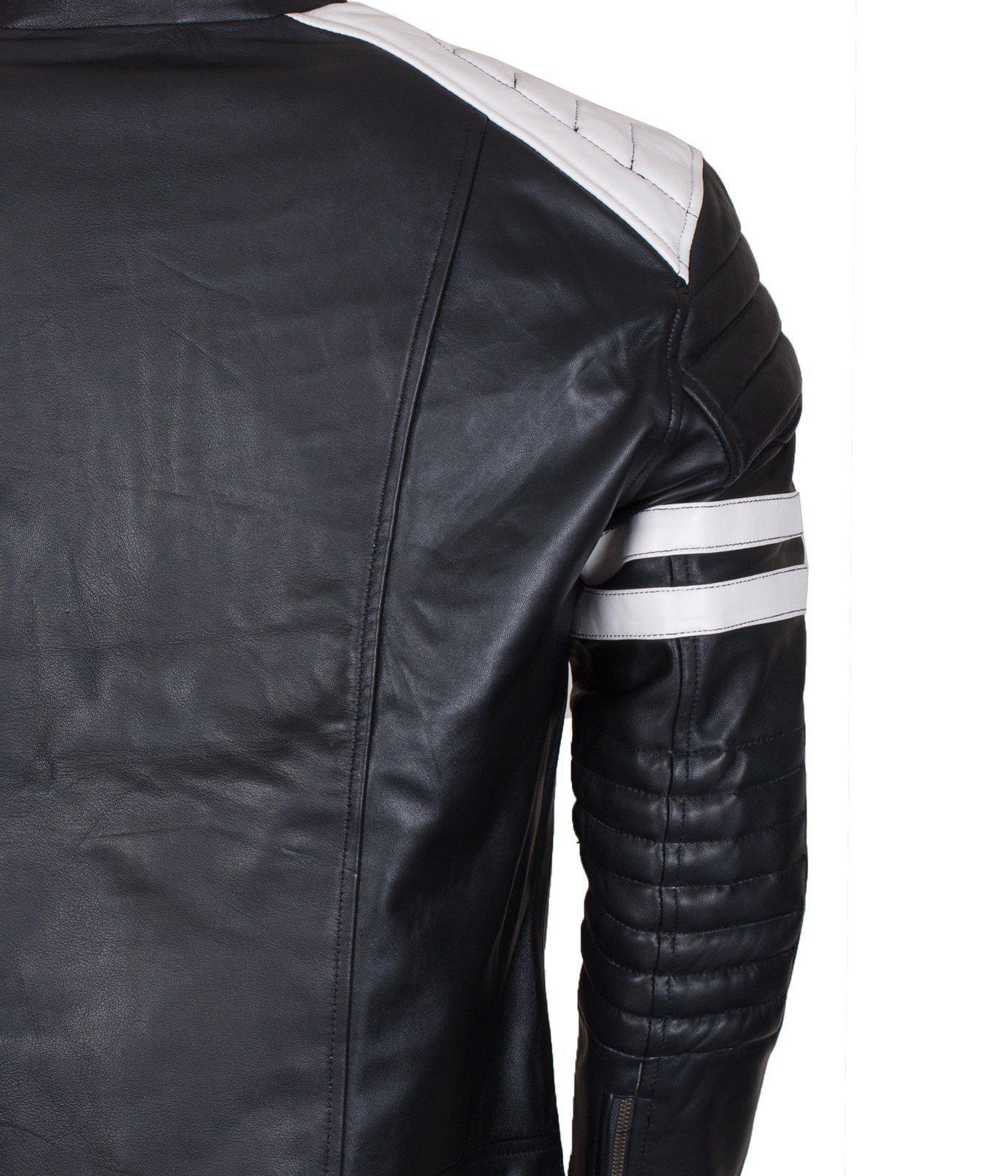 Men's Biker Fashion Black White Padded Genuine Leather Jacket
