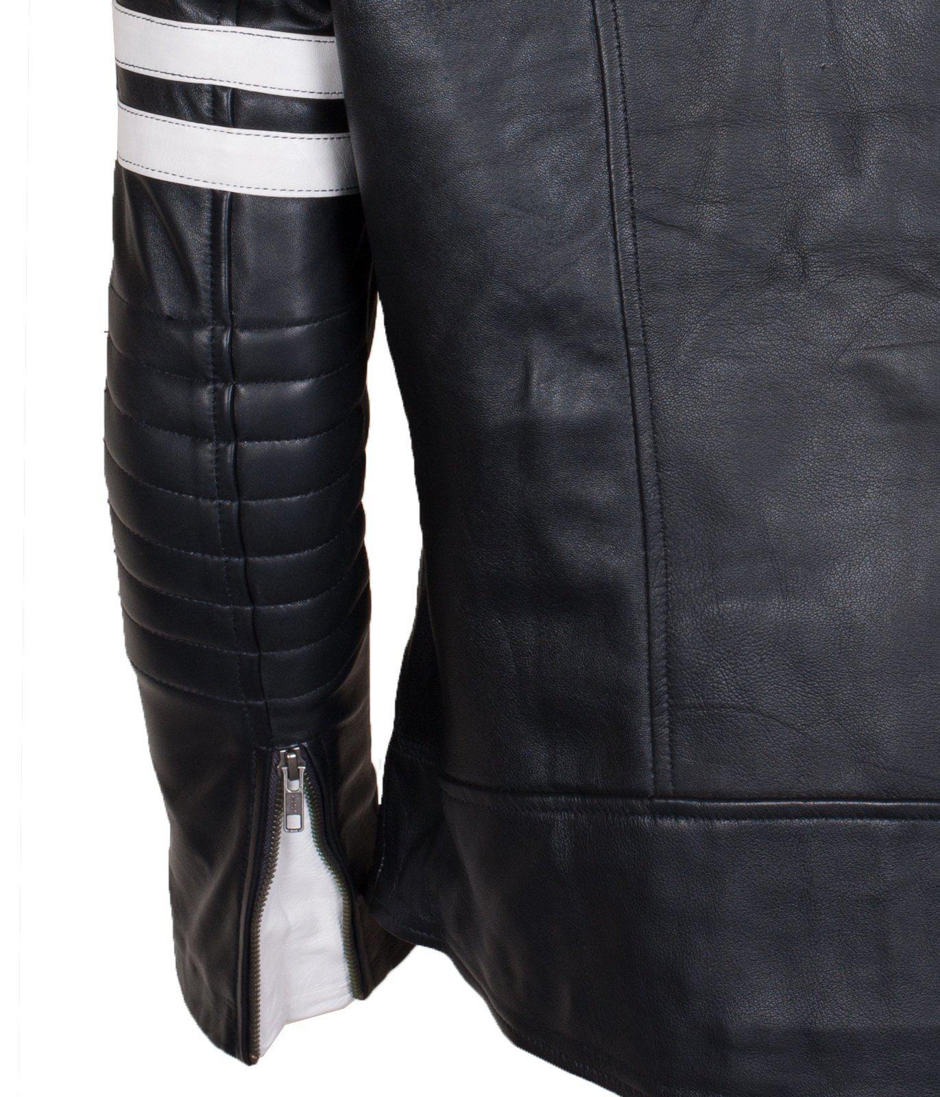 Men's Biker Fashion Black White Padded Genuine Leather Jacket