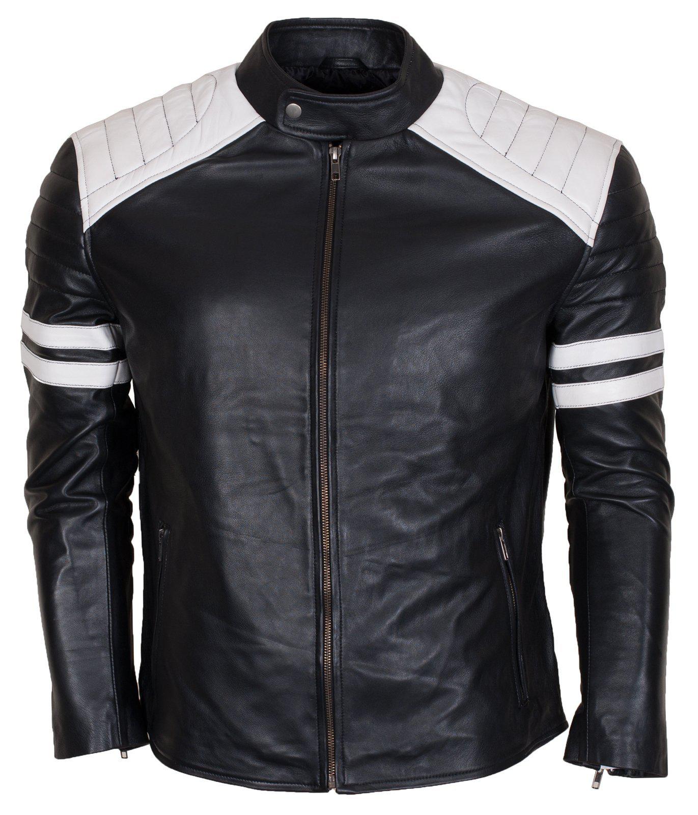 Men's Biker Fashion Black White Padded Genuine Leather Jacket