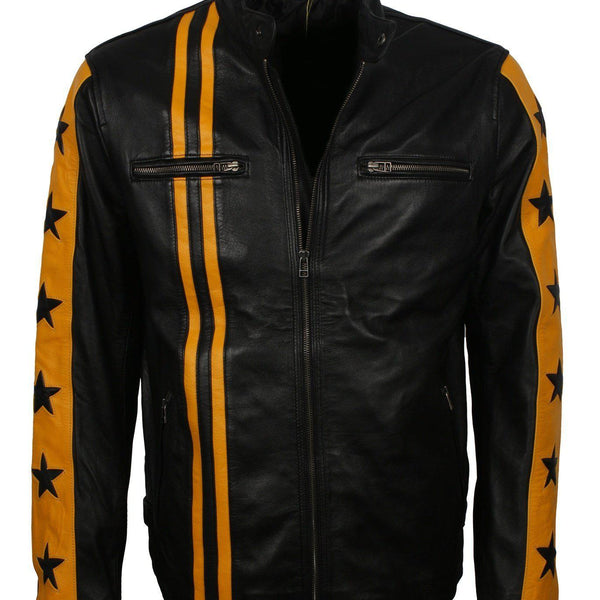 Men's Black and Yellow Leather Jacket with Stars and Stripes