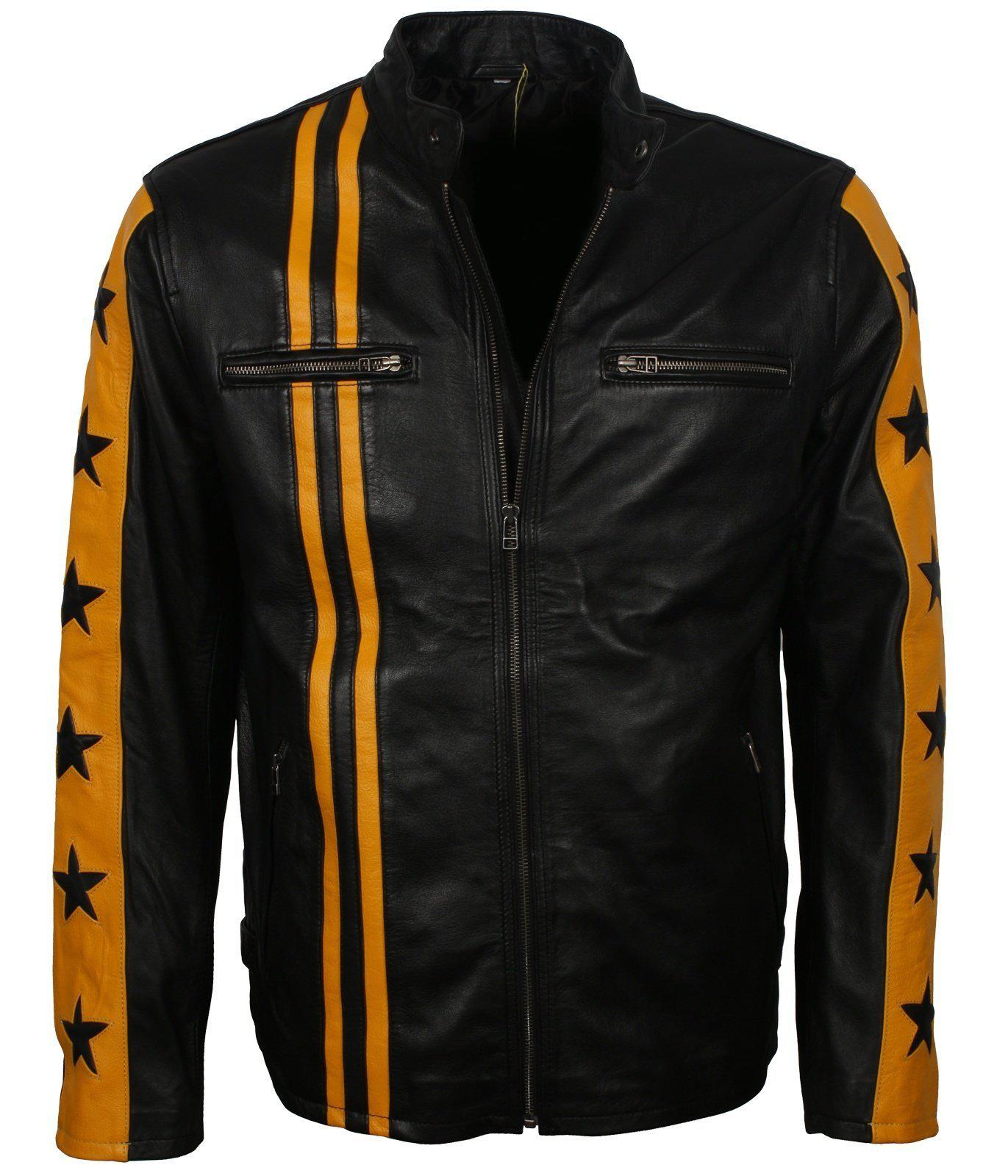 Men's Black and Yellow Leather Jacket with Stars and Stripes