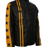 Men's Black and Yellow Leather Jacket with Stars and Stripes