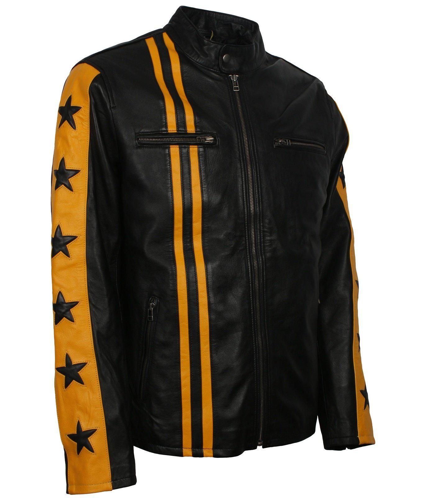 Men's Black and Yellow Leather Jacket with Stars and Stripes