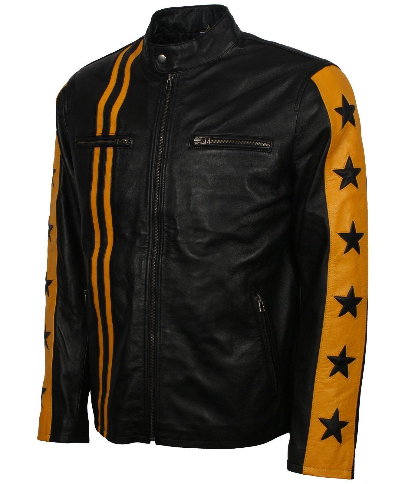 Men's Black and Yellow Leather Jacket with Stars and Stripes