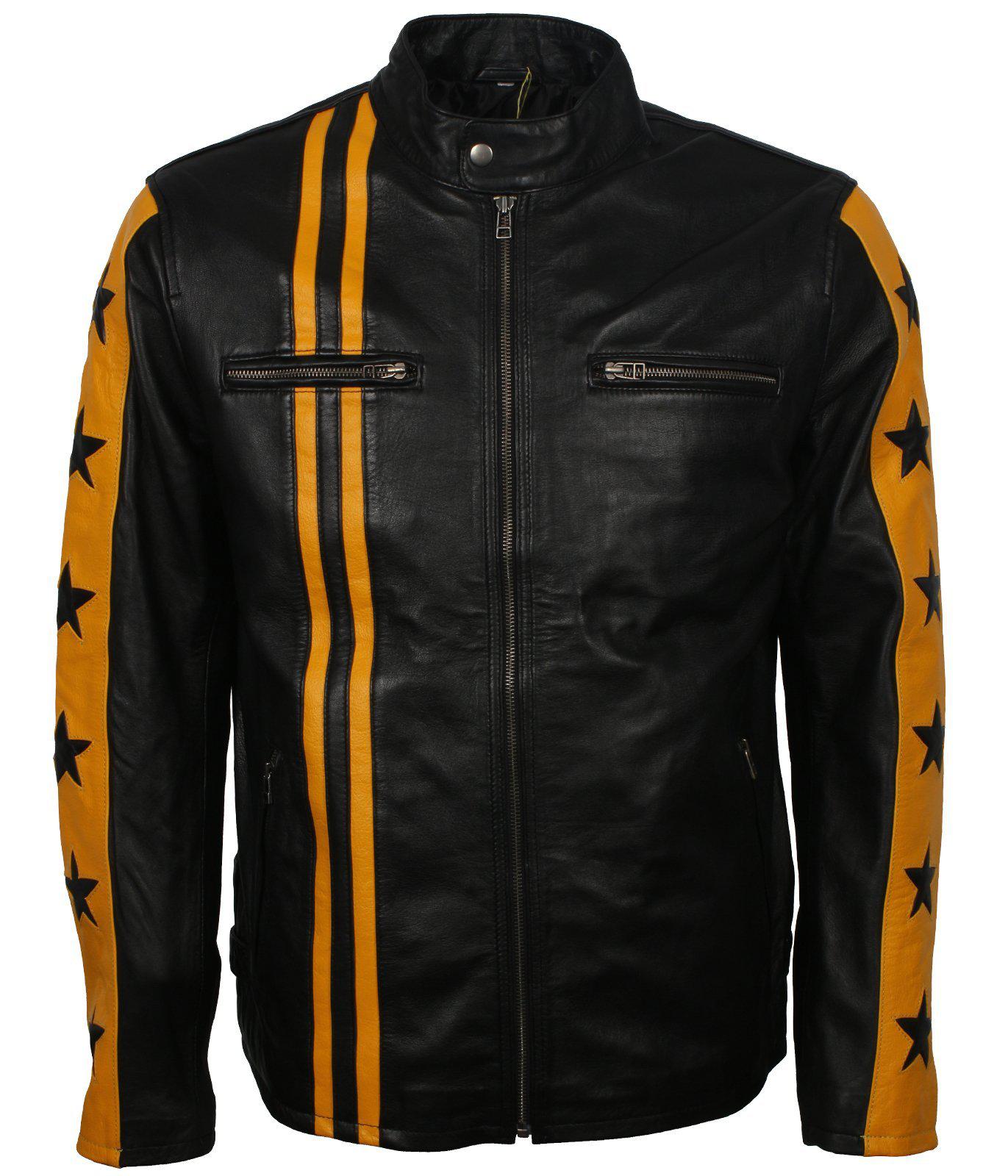 Men's Black and Yellow Leather Jacket with Stars and Stripes