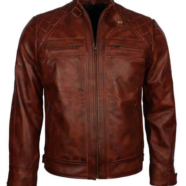 Men's Brown Diamond Quilted Genuine Leather Cafe Racer Jacket