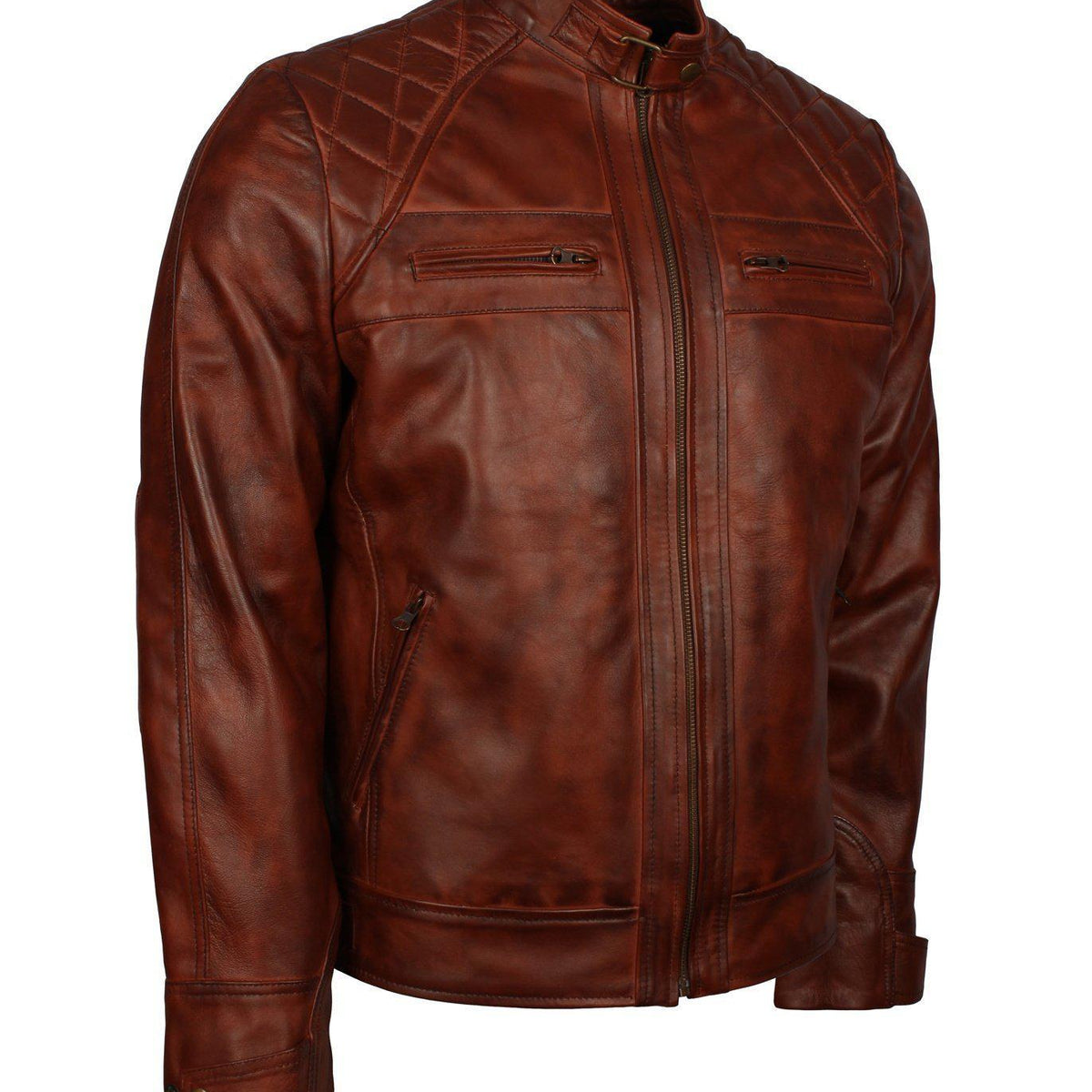Men's Brown Diamond Quilted Genuine Leather Cafe Racer Jacket