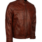 Men's Brown Diamond Quilted Genuine Leather Cafe Racer Jacket