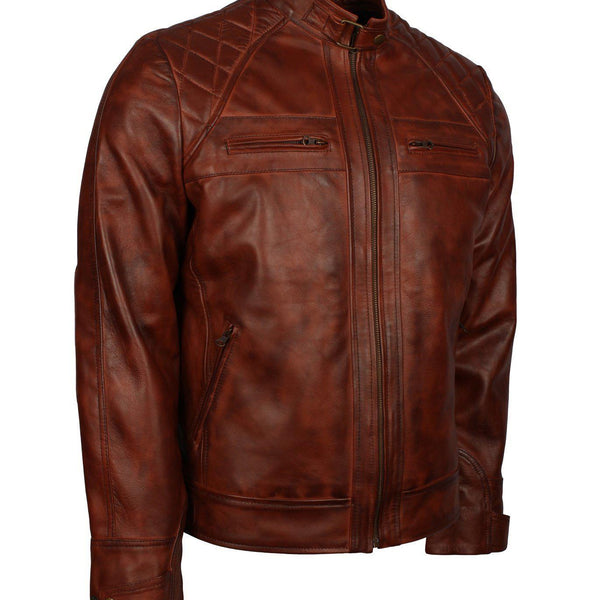 Men's Brown Diamond Quilted Genuine Leather Cafe Racer Jacket
