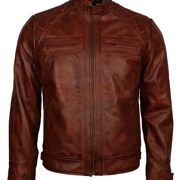 Men's Brown Diamond Quilted Genuine Leather Cafe Racer Jacket